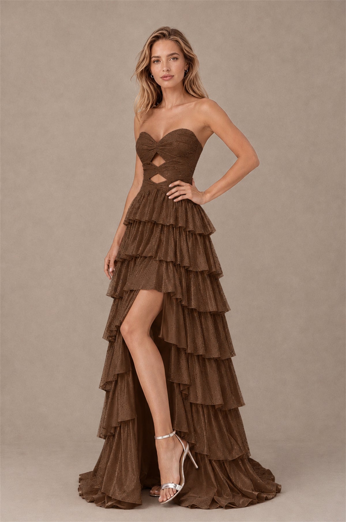 BOLODOO Brown Strapless Cutout Tiered Ruffle Prom Dress with High Slit - Brown - Brown (3)