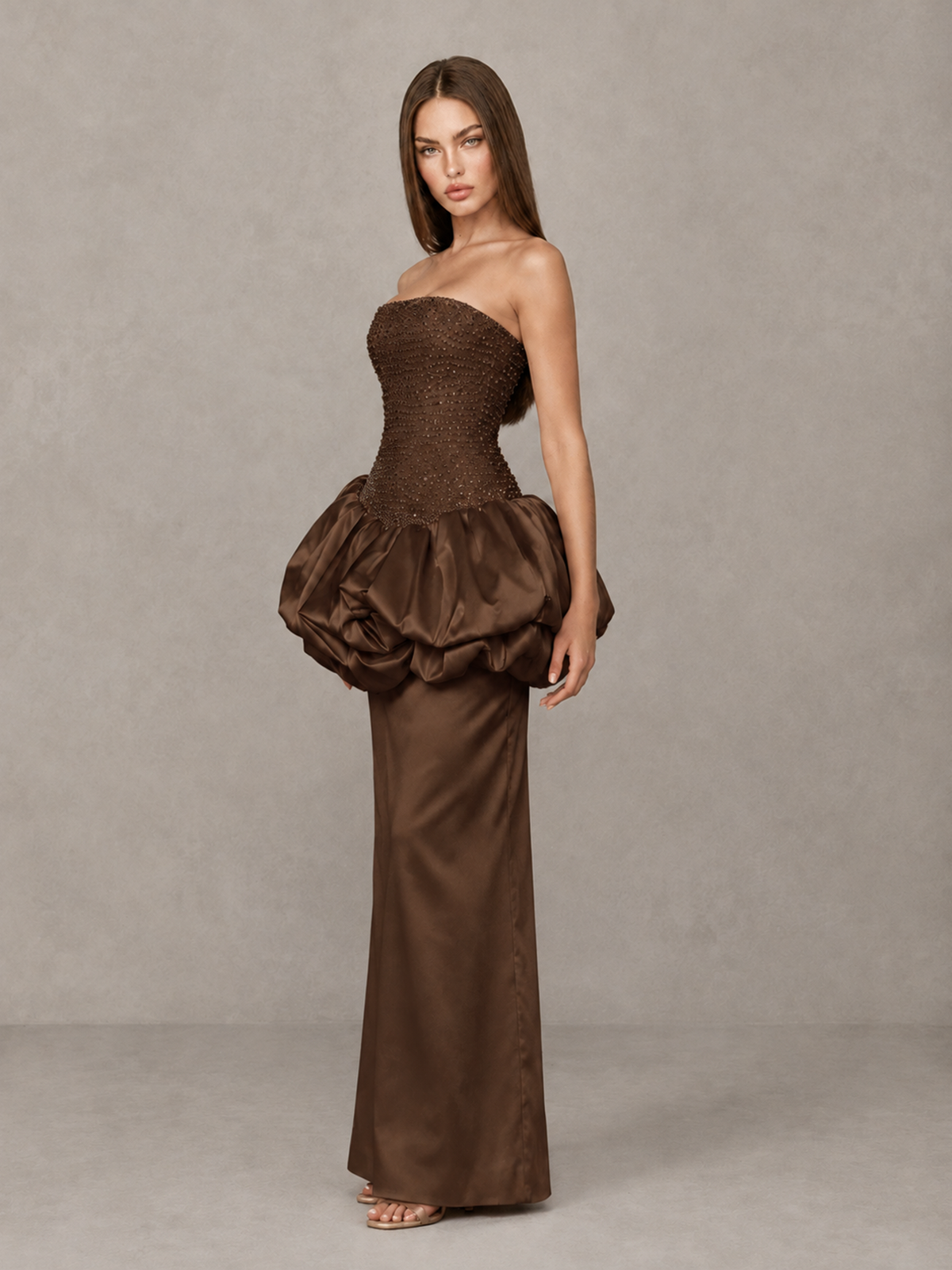 BOLODOO Brown Strapless Embellished Bubble Peplum Evening Dress - Brown - Brown (3)