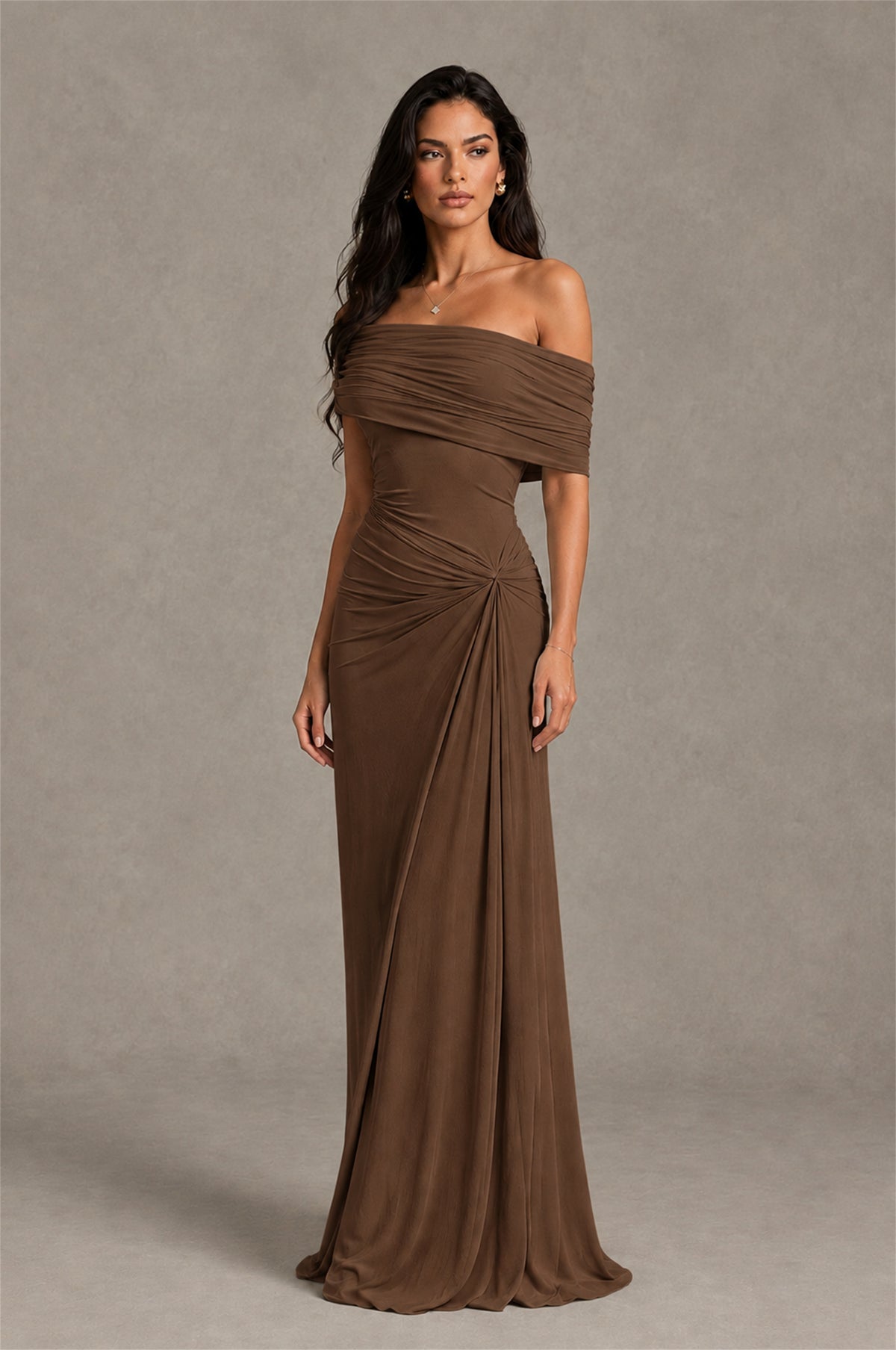 BOLODOO Brown Off-Shoulder Ruched Maxi Dress - Brown