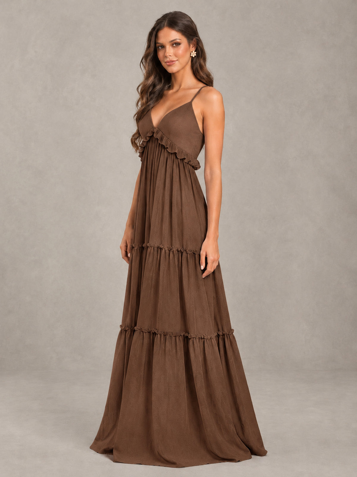 BOLODOO Brown Tiered V-Neck Lace-Up Back Bridesmaid Dress - Brown - Brown (3)