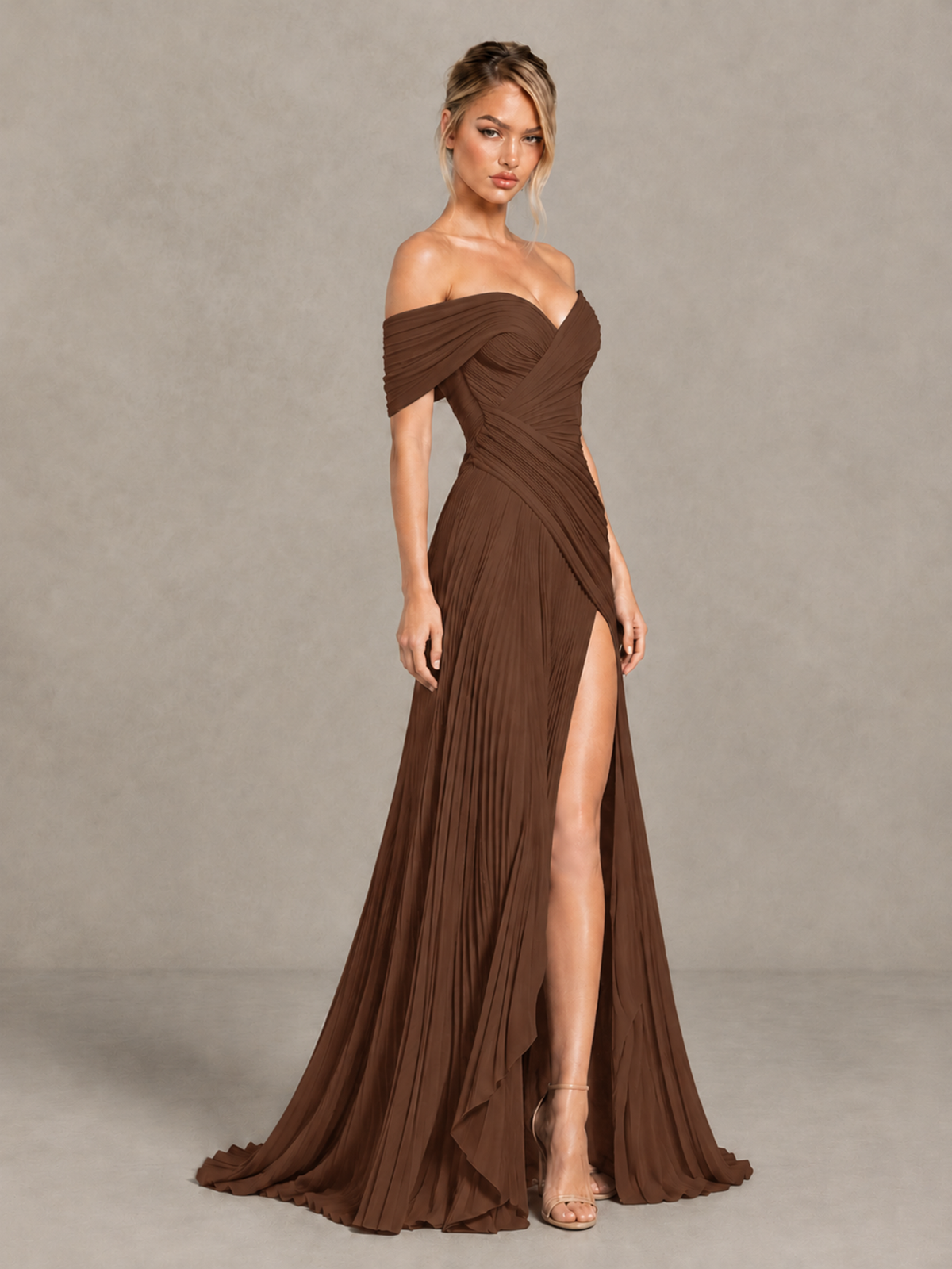 BOLODOO Brown Off-Shoulder Ruched Pleated Maxi Dress with High Slit - Brown - Brown (3)