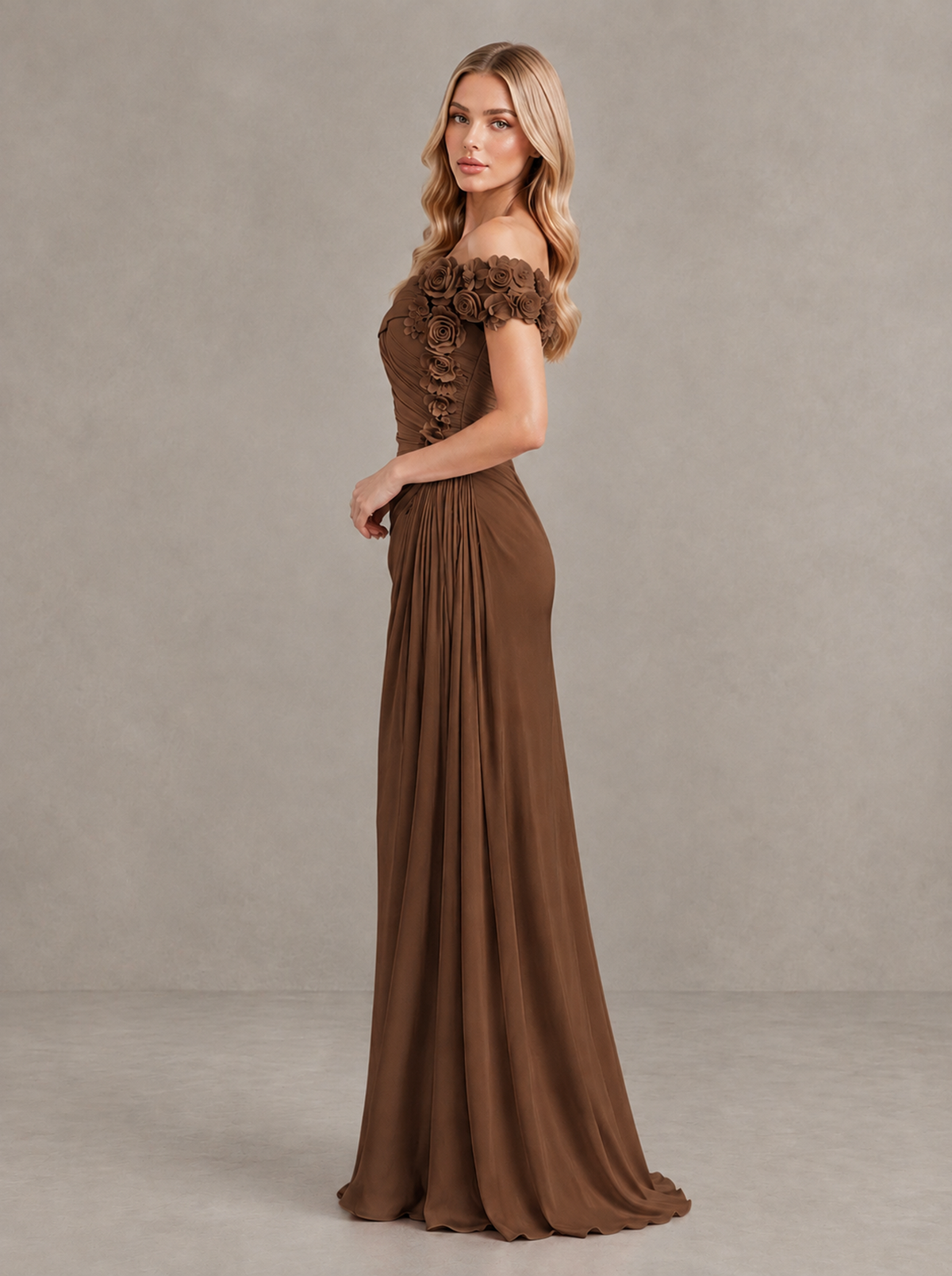 BOLODOO Brown Off-Shoulder Floral Applique Wedding Guest Maxi Dress - Brown - Brown (3)