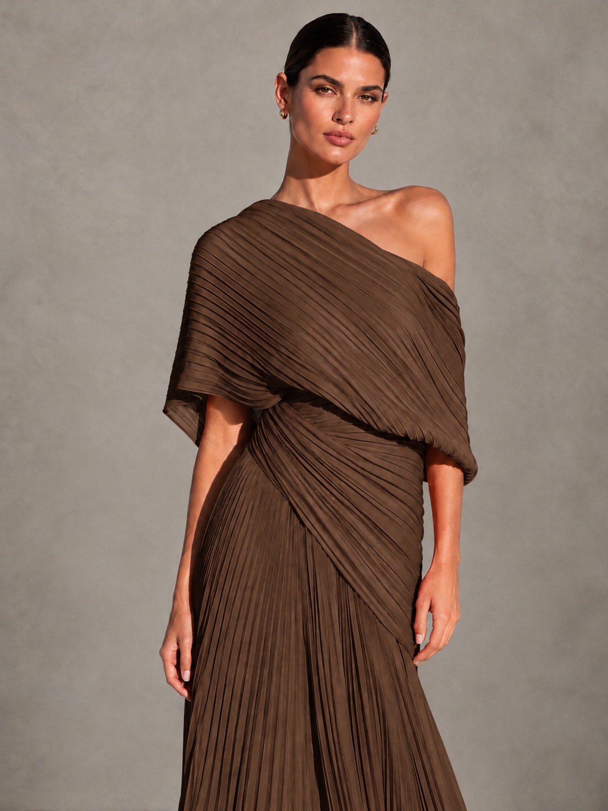 BOLODOO Brown One-Shoulder Pleated Cape Evening Gown with Train - Brown - Brown (3)