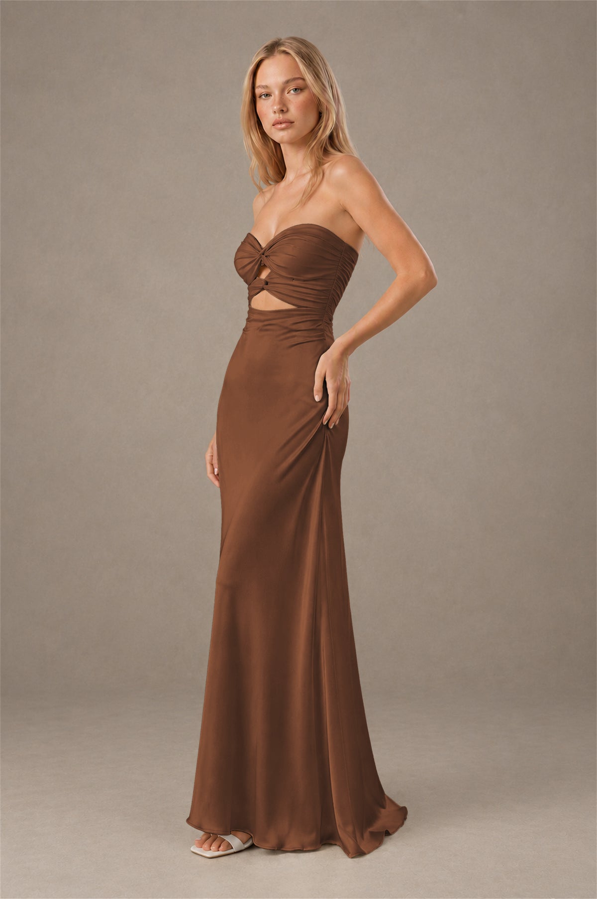 BOLODOO Brown Sweetheart Strapless Twist Knot Cutout Lace-Up Back Satin Mermaid Maxi Dress - Brown - Brown (3)