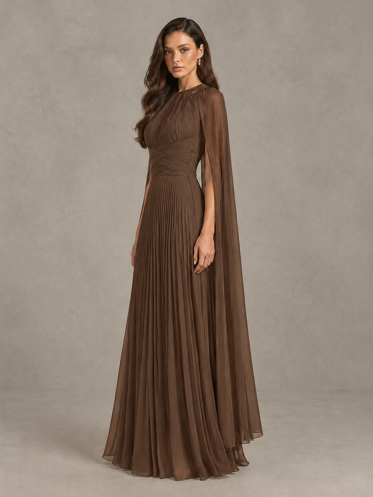 BOLODOO Brown Pleated Cape Maxi Wedding Guest Dress - Brown - Brown (3)