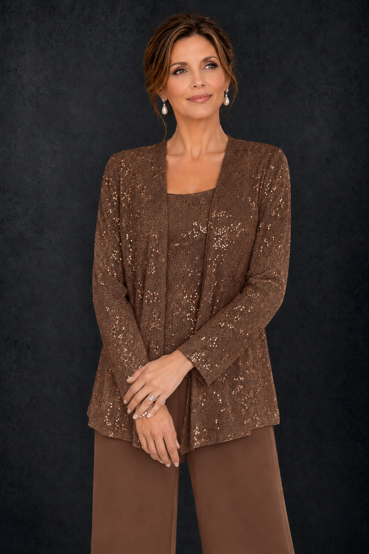 BOLODOO Brown Sequin Lace 3-Piece Pant Suit with Long Sleeve Jacket - Brown - Brown (3)