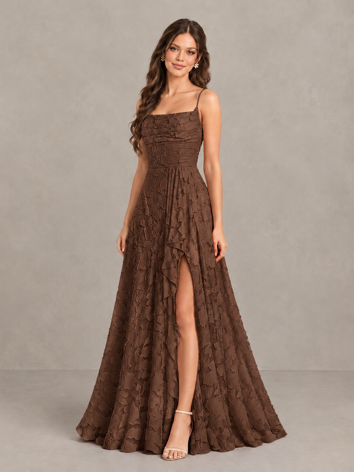 BOLODOO Brown Floral Appliqué Slit Maxi Dress - Brown - Brown (3)