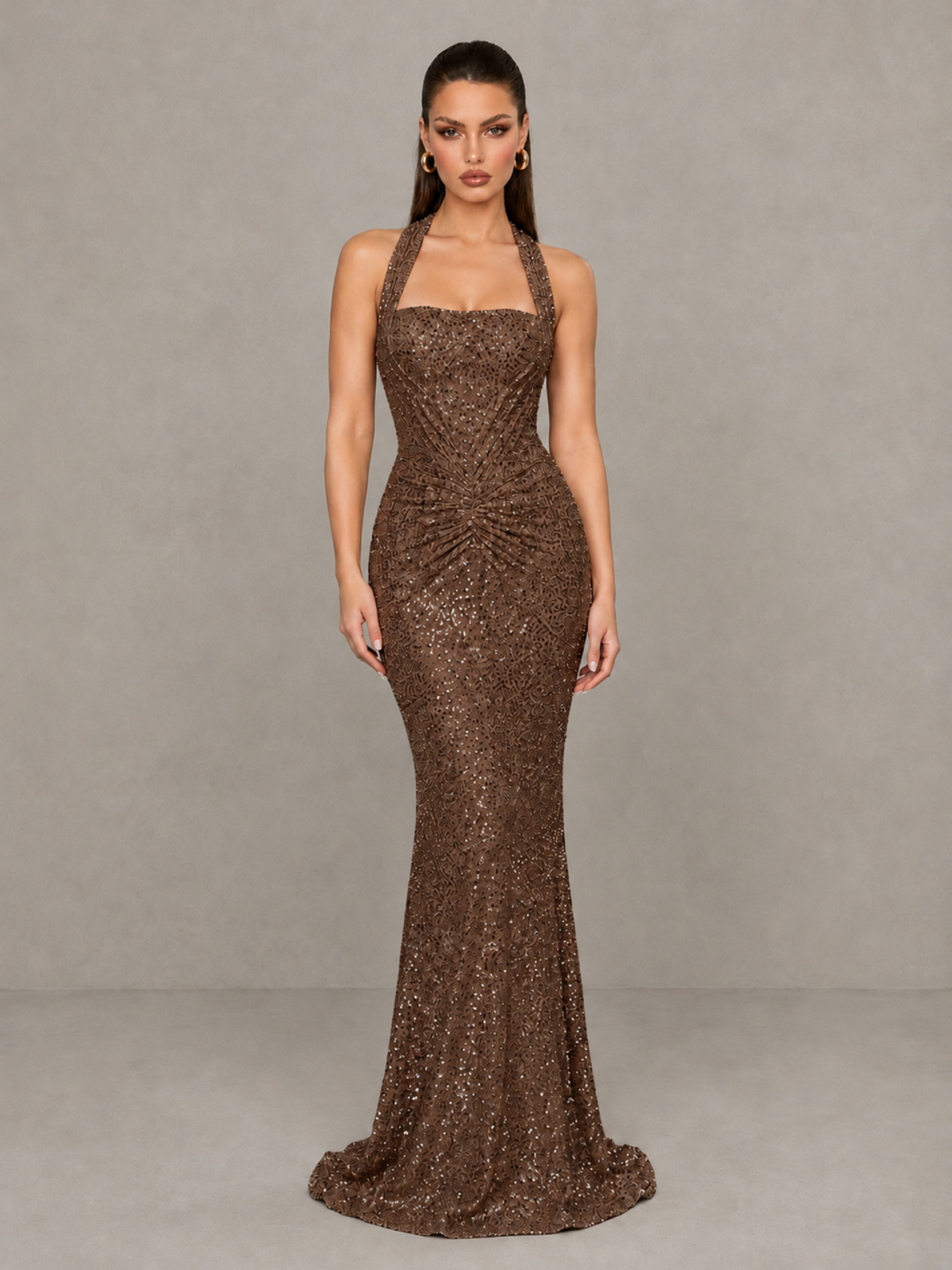 BOLODOO Brown Sequin Halter Mermaid Evening Gown - Brown - Brown (3)