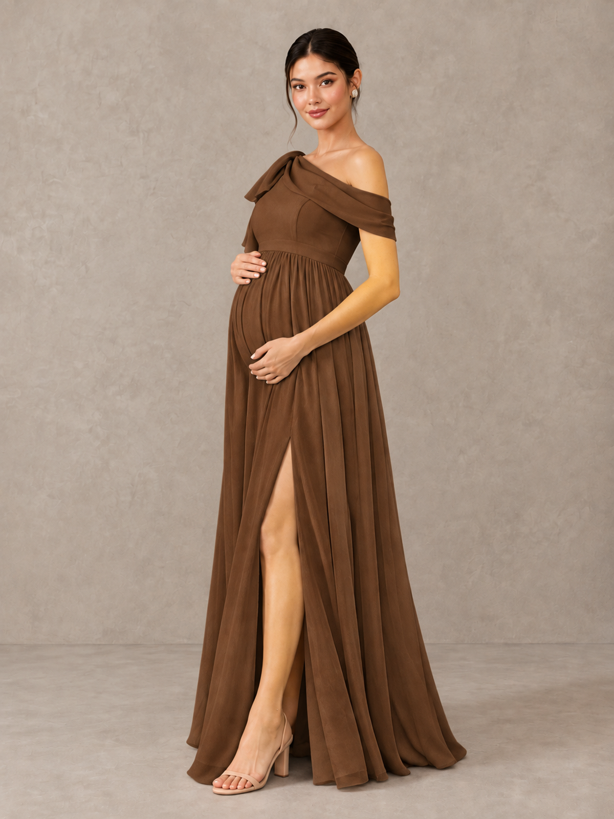 BOLODOO Brown One-Shoulder Maternity Bridesmaid Dress with Slit - Brown - Brown (3)