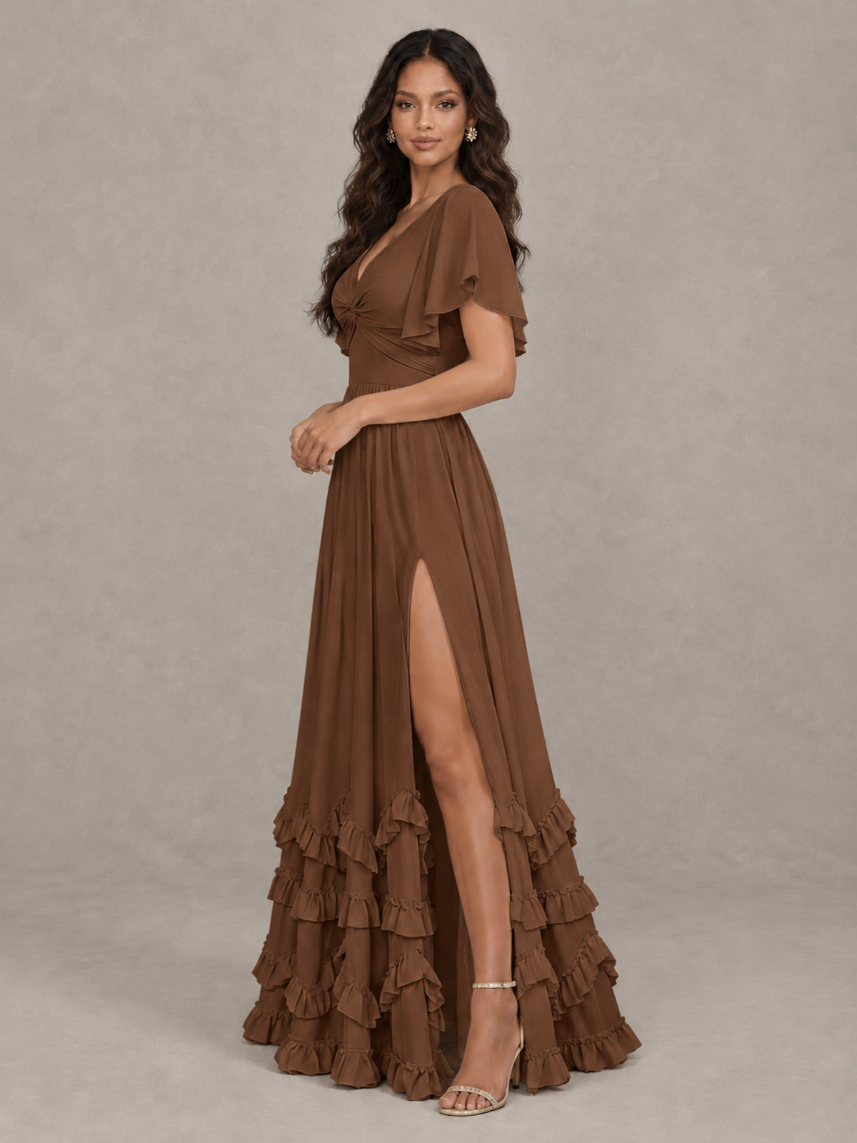 BOLODOO Brown V-Neck Flutter Sleeve Ruffle Bridesmaid Dress with Slit - Brown - Brown (3)