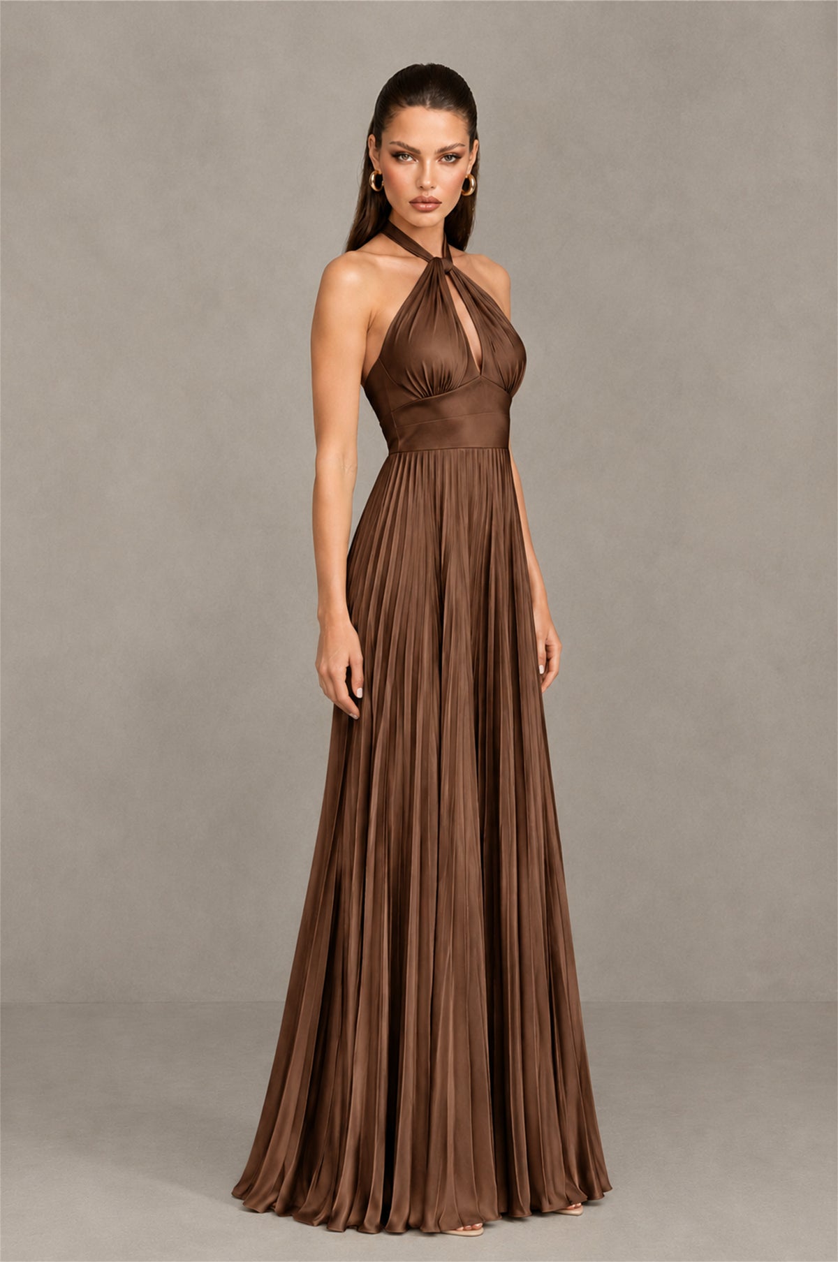 BOLODOO Brown Halter Pleated A-Line Evening Dress - Brown
