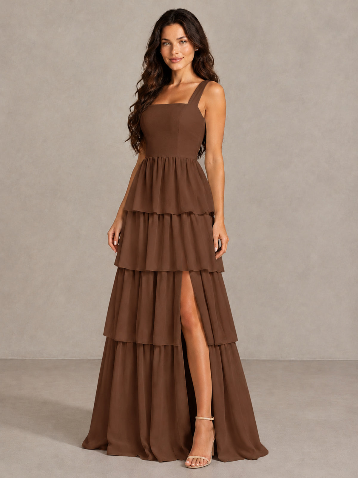 BOLODOO Brown Square Neck Tiered Bridesmaid Dress with Slit - Brown - Brown (3)