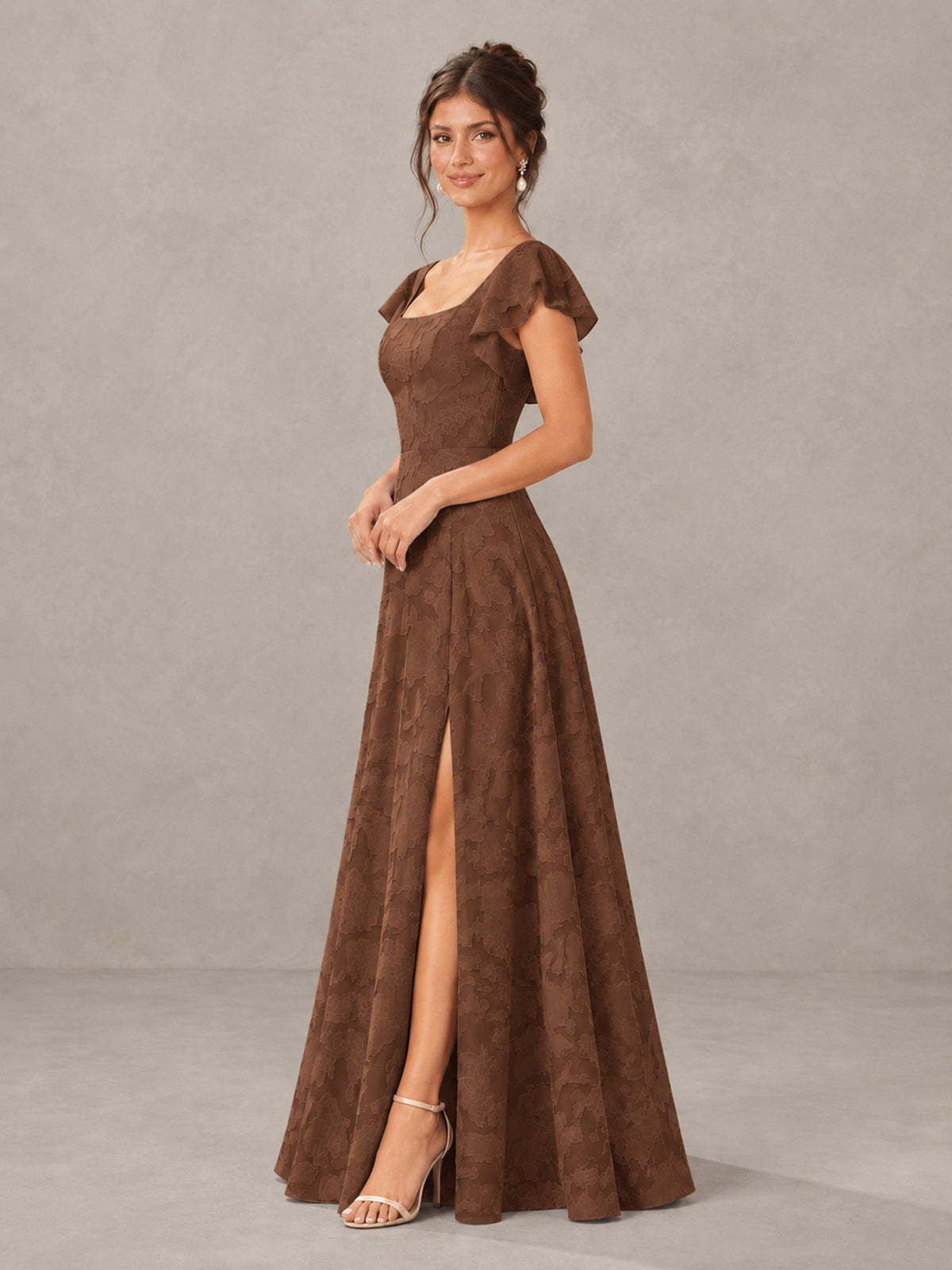 BOLODOO Brown Floral Flutter Sleeve Bridesmaid Dress with Slit - Brown - Brown (3)