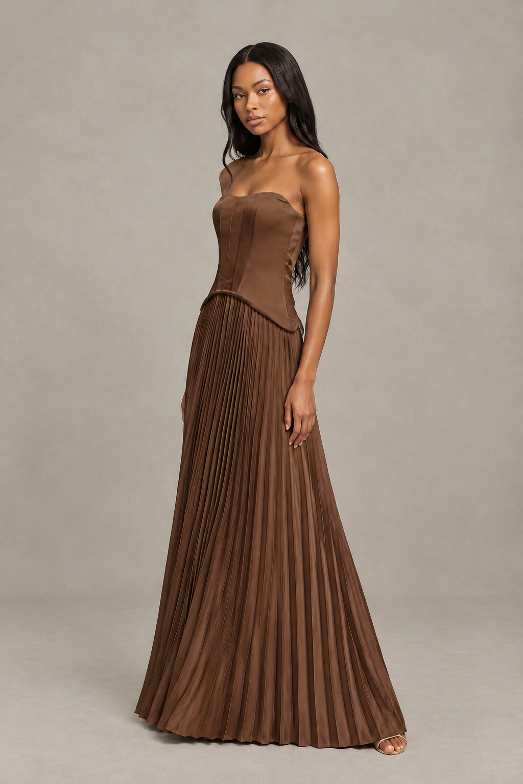 BOLODOO Brown Strapless Pleated Satin Evening Prom Dress - Brown