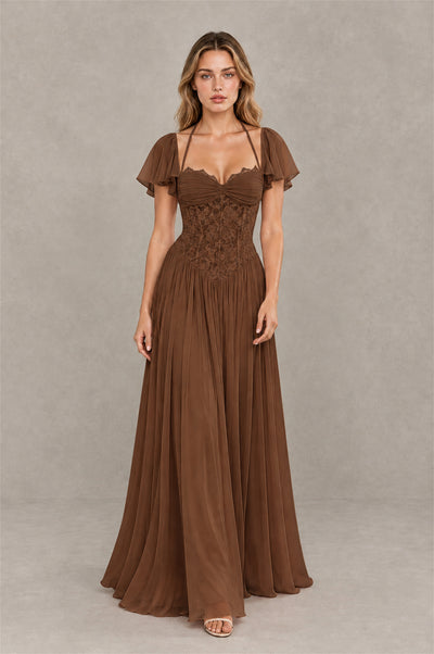 BOLODOO Brown Flutter Sleeve Lace Corset A-Line Maxi Dress - Brown - Brown (3)
