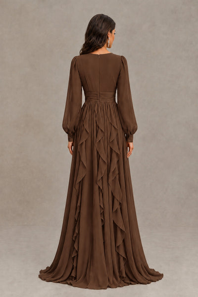 BOLODOO Brown Long Sleeve V-Neck Ruffle Maxi Dress - Brown - Brown (3)