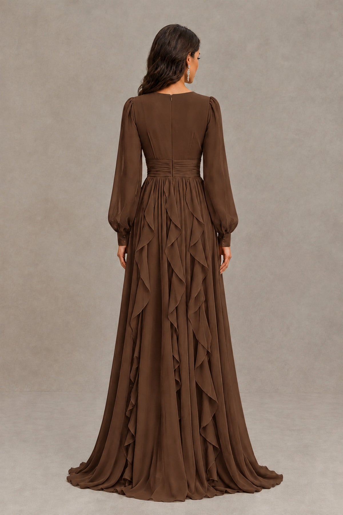 BOLODOO Brown Long Sleeve V-Neck Ruffle Maxi Dress - Brown - Brown (3)