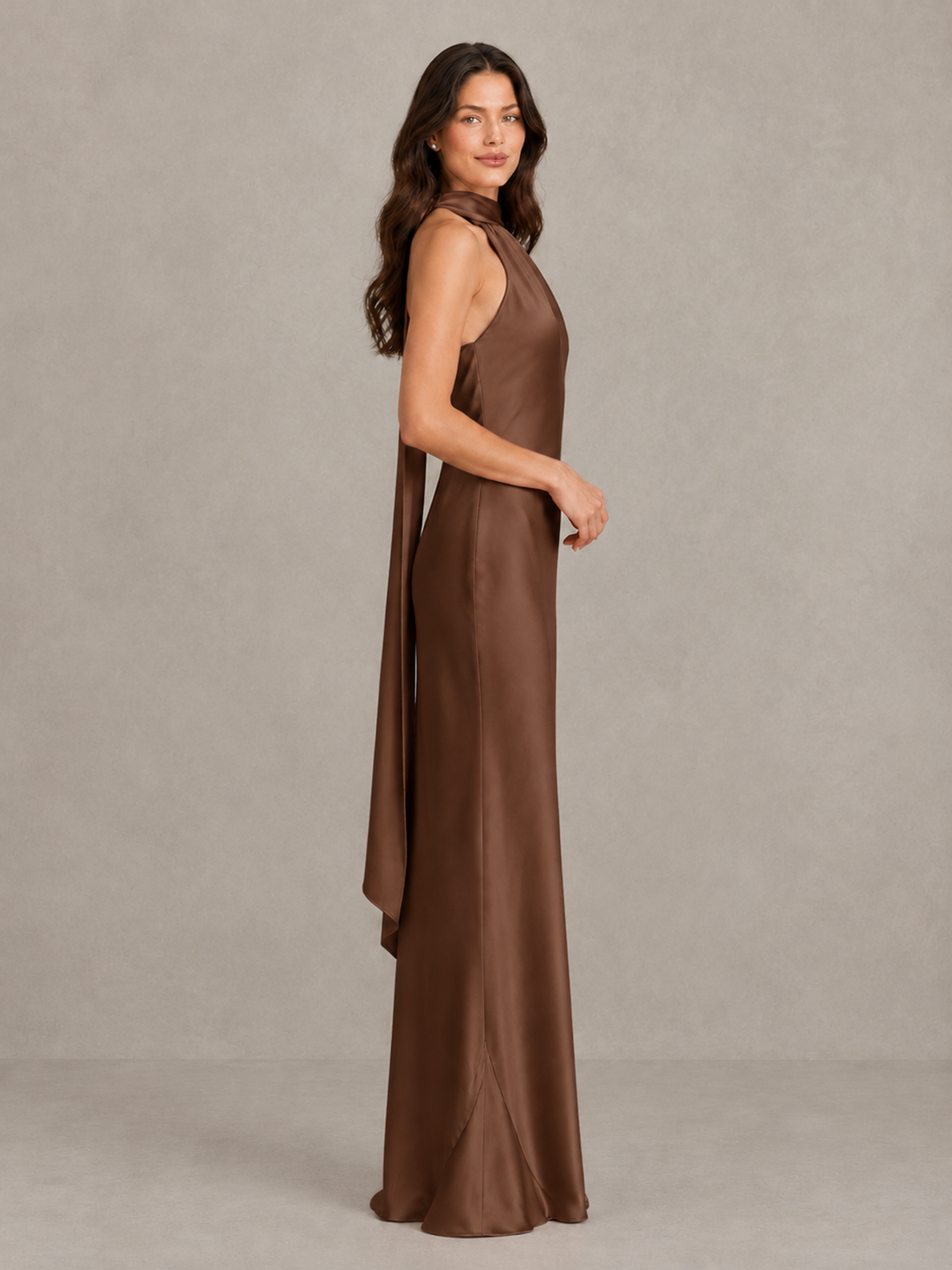 BOLODOO Brown Satin One-Shoulder Bridesmaid Dress with Open Back - Brown - Brown (3)