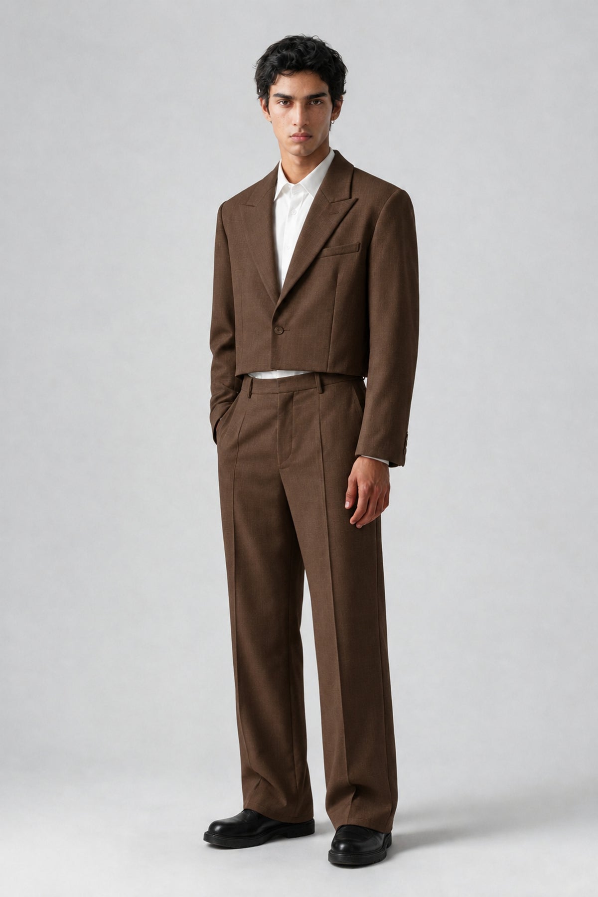 Bolodoo Men's Brown Cropped Blazer & Wide-Leg Trousers 2-Piece Suit - Brown - Brown (3)