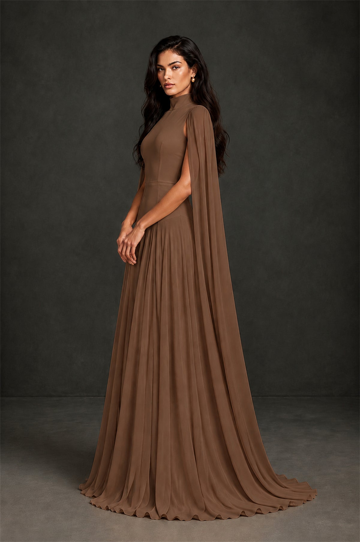 BOLODOO Brown Mock Neck Cape Sleeve A-Line Chiffon Maxi Dress - Brown - Brown (3)
