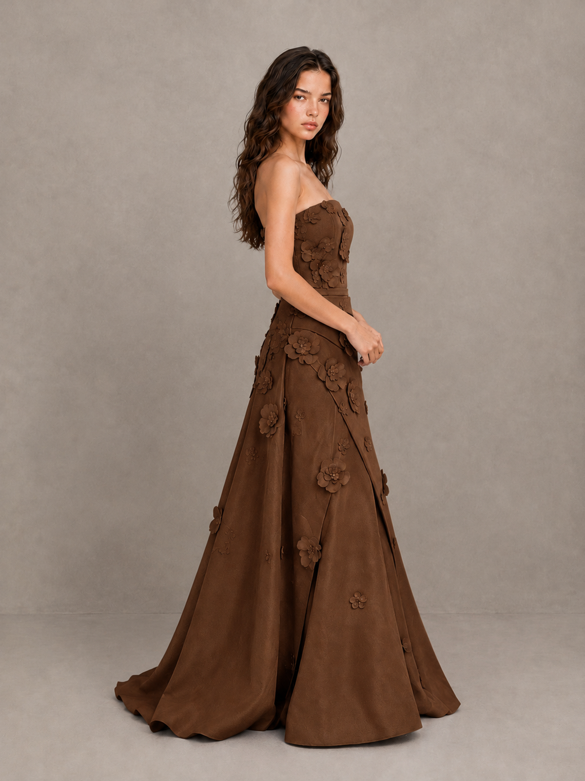 BOLODOO Brown Strapless 3D Floral Applique Prom Gown with Draped Skirt - Brown - Brown (3)