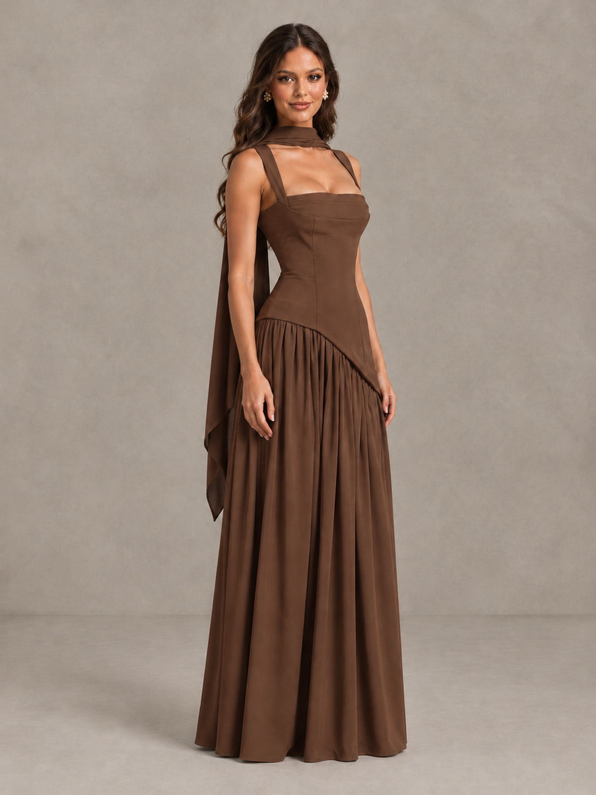 BOLODOO Brown Brown Scarf Bridesmaid Dress with Lace-Up Back - Brown - Brown (3)