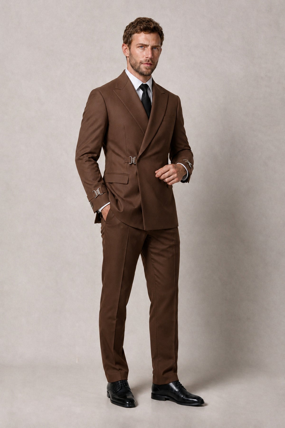 BOLODOO Men's Brown Double-Breasted 2-Piece Suit Set – Blazer & Tailored Trousers - Brown