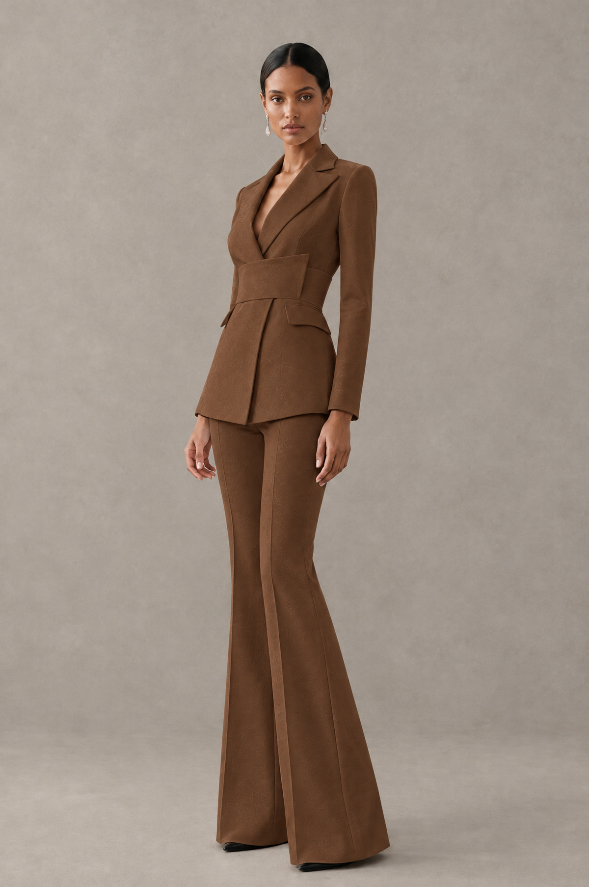 BOLODOO Brown Two-Piece Pantsuit with Tailored Blazer & Flared Pants - Brown - Brown (4)