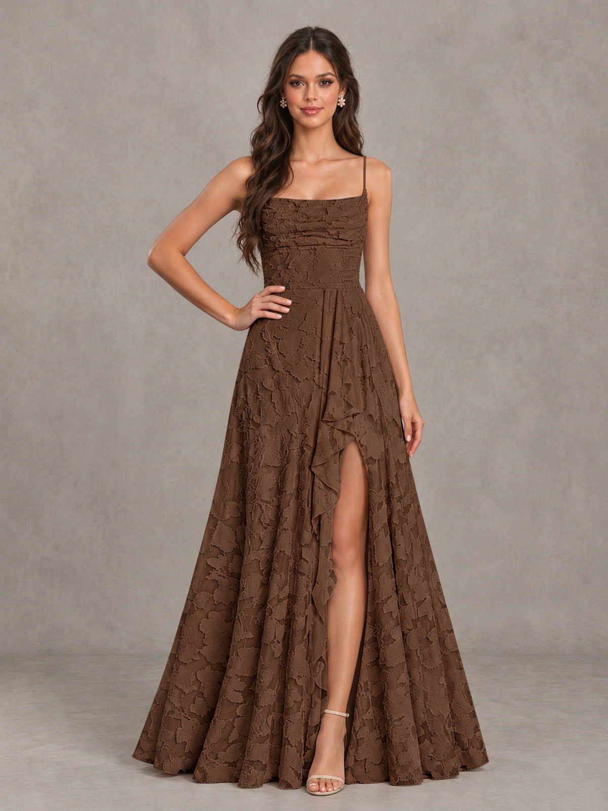 BOLODOO Brown Floral Appliqué Slit Maxi Dress - Brown - Brown (4)