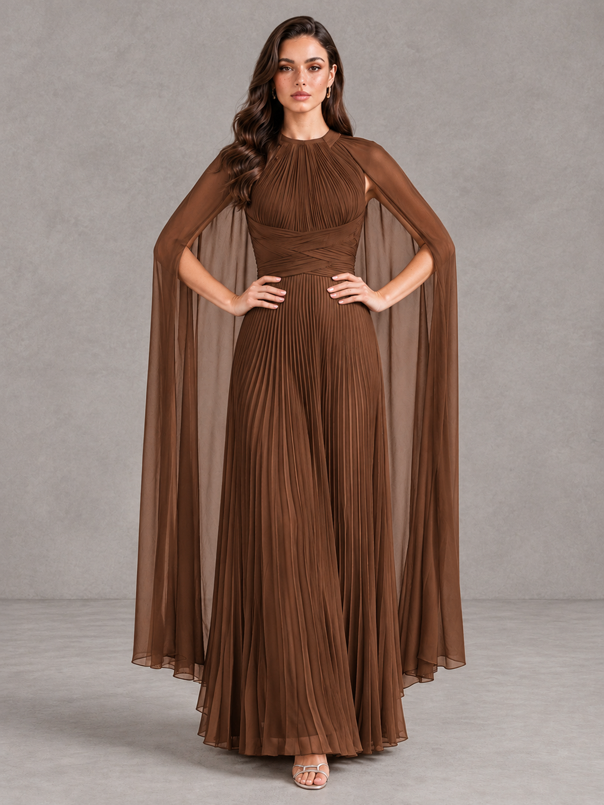 BOLODOO Brown Pleated Cape Maxi Wedding Guest Dress - Brown - Brown (4)