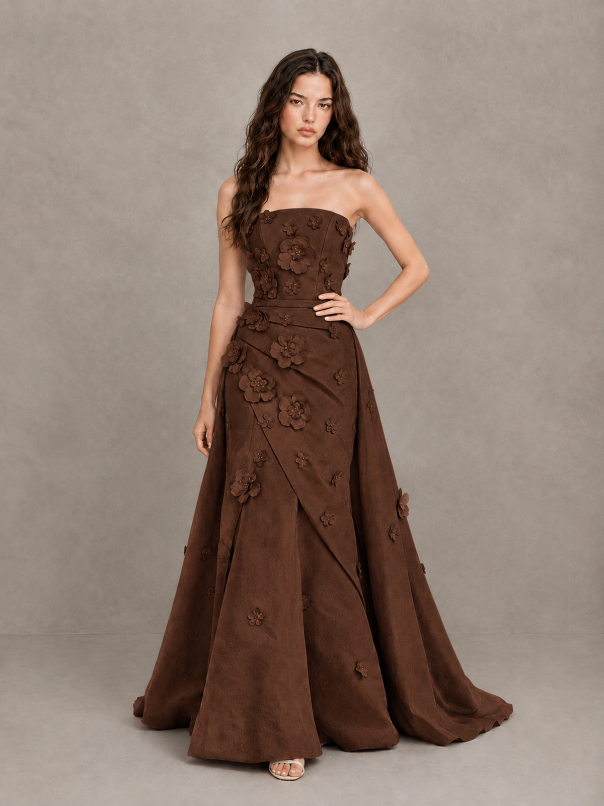 BOLODOO Brown Strapless 3D Floral Applique Prom Gown with Draped Skirt - Brown - Brown (4)
