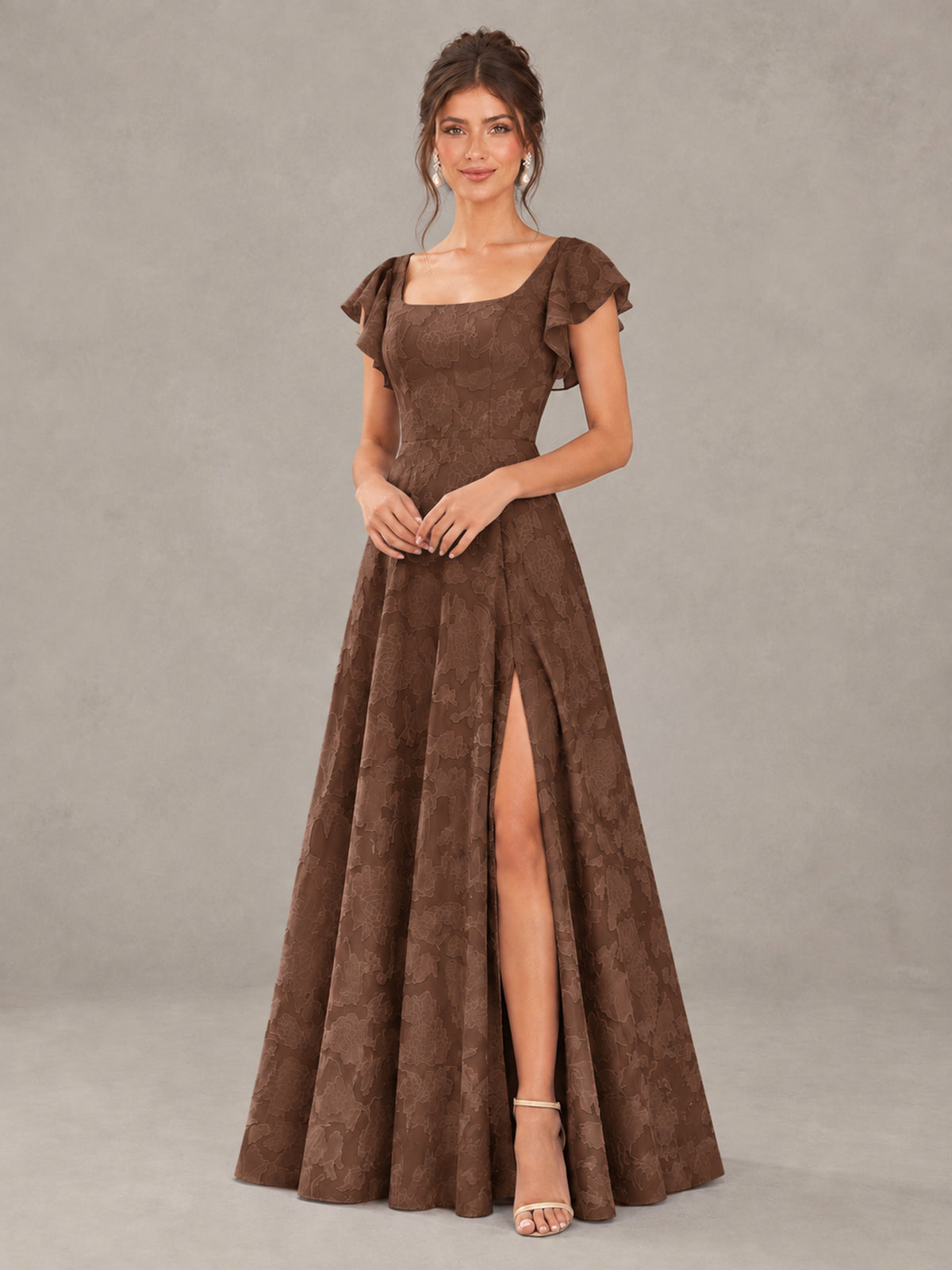 BOLODOO Brown Floral Flutter Sleeve Bridesmaid Dress with Slit - Brown - Brown (4)