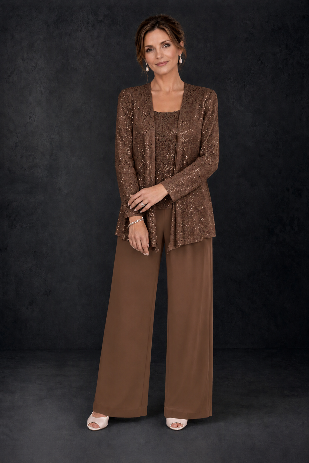 BOLODOO Brown Sequin Lace 3-Piece Pant Suit with Long Sleeve Jacket - Brown - Brown (4)