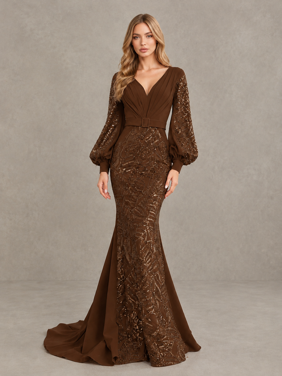 BOLODOO Brown Sequin Long Bishop Sleeve Mermaid Evening Dress - Brown - Brown (4)
