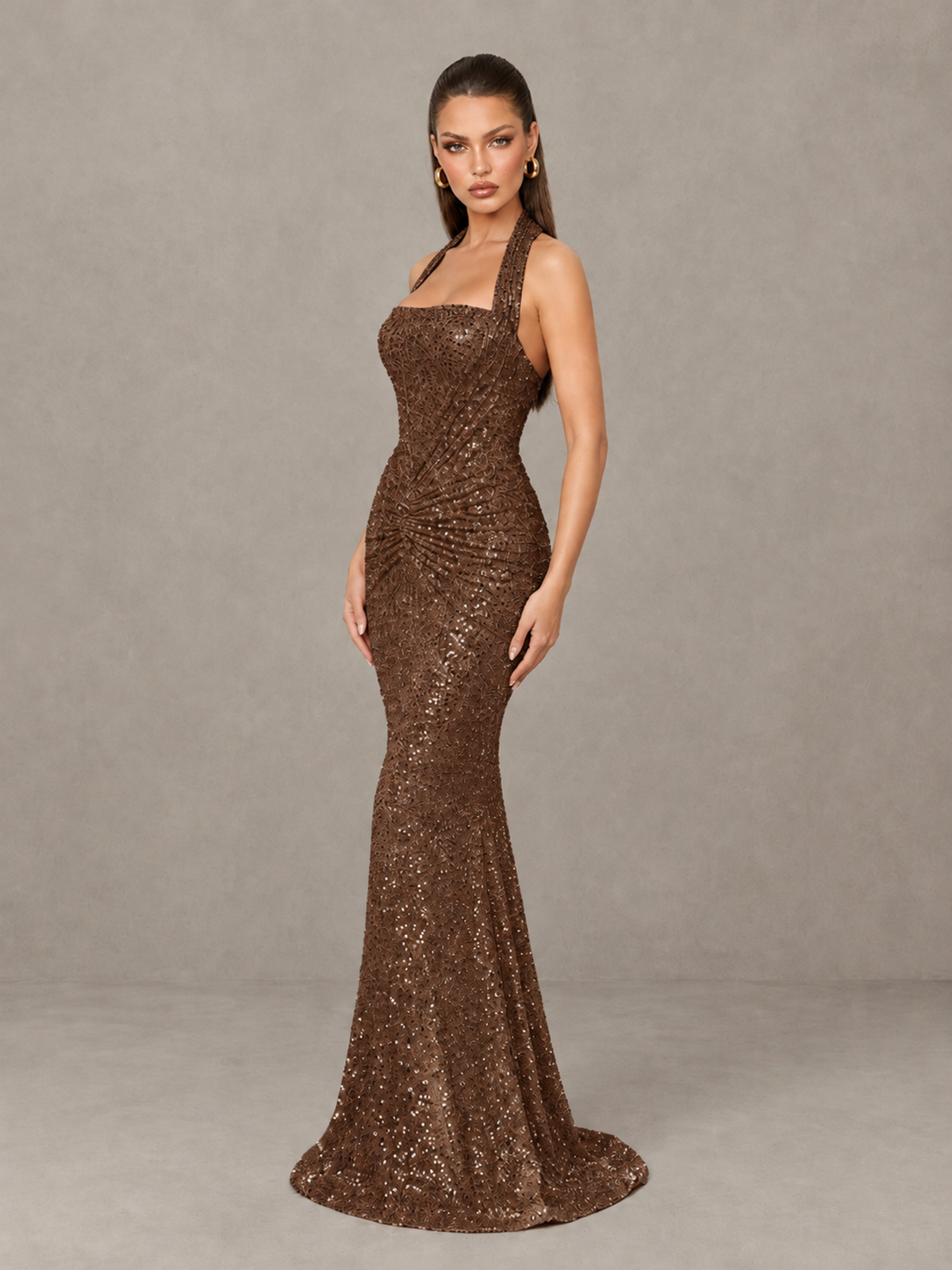 BOLODOO Brown Sequin Halter Mermaid Evening Gown - Brown - Brown (4)