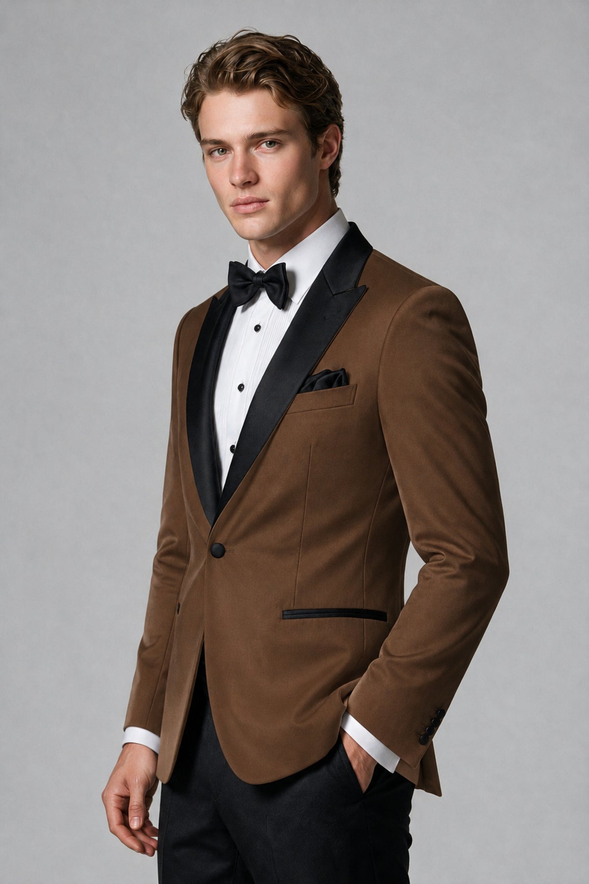 BOLODOO Men's Brown Single-Button Tuxedo Blazer & Black Trousers 2-Piece Suit Set - Brown - Brown (4)