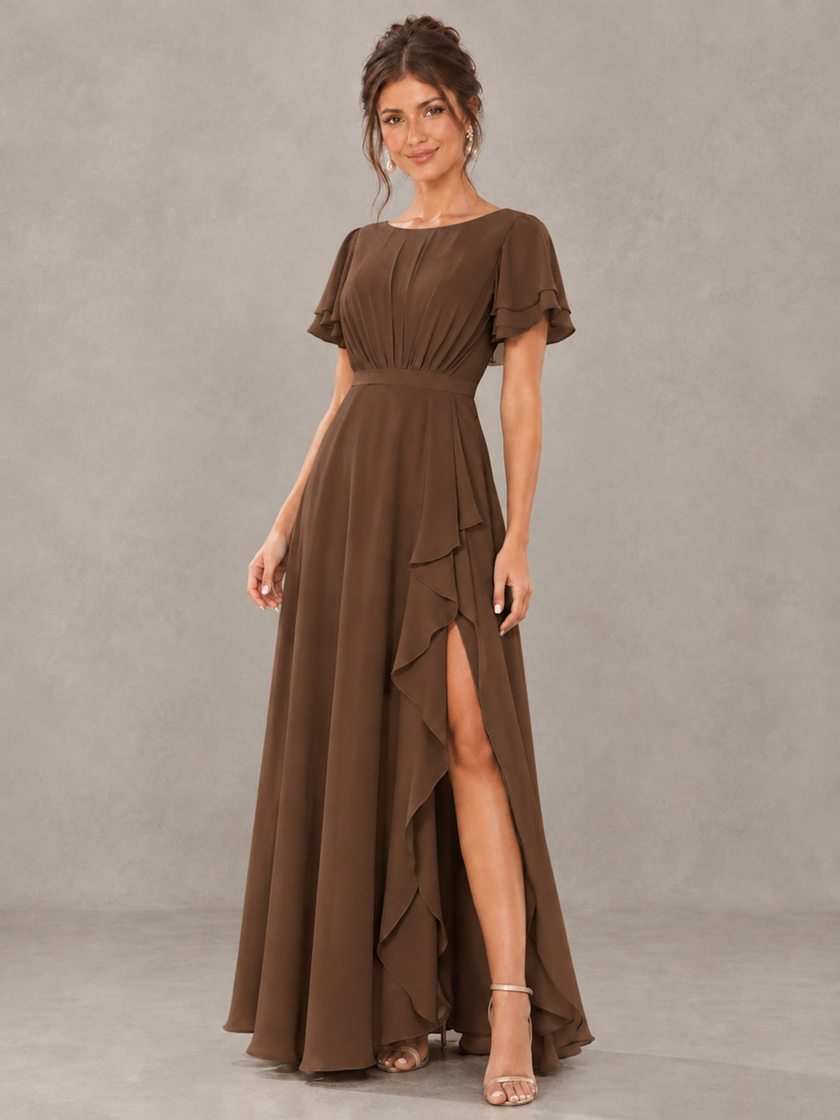 BOLODOO Brown Flutter Sleeve Ruffle Bridesmaid Dress with Slit - Brown - Brown (4)