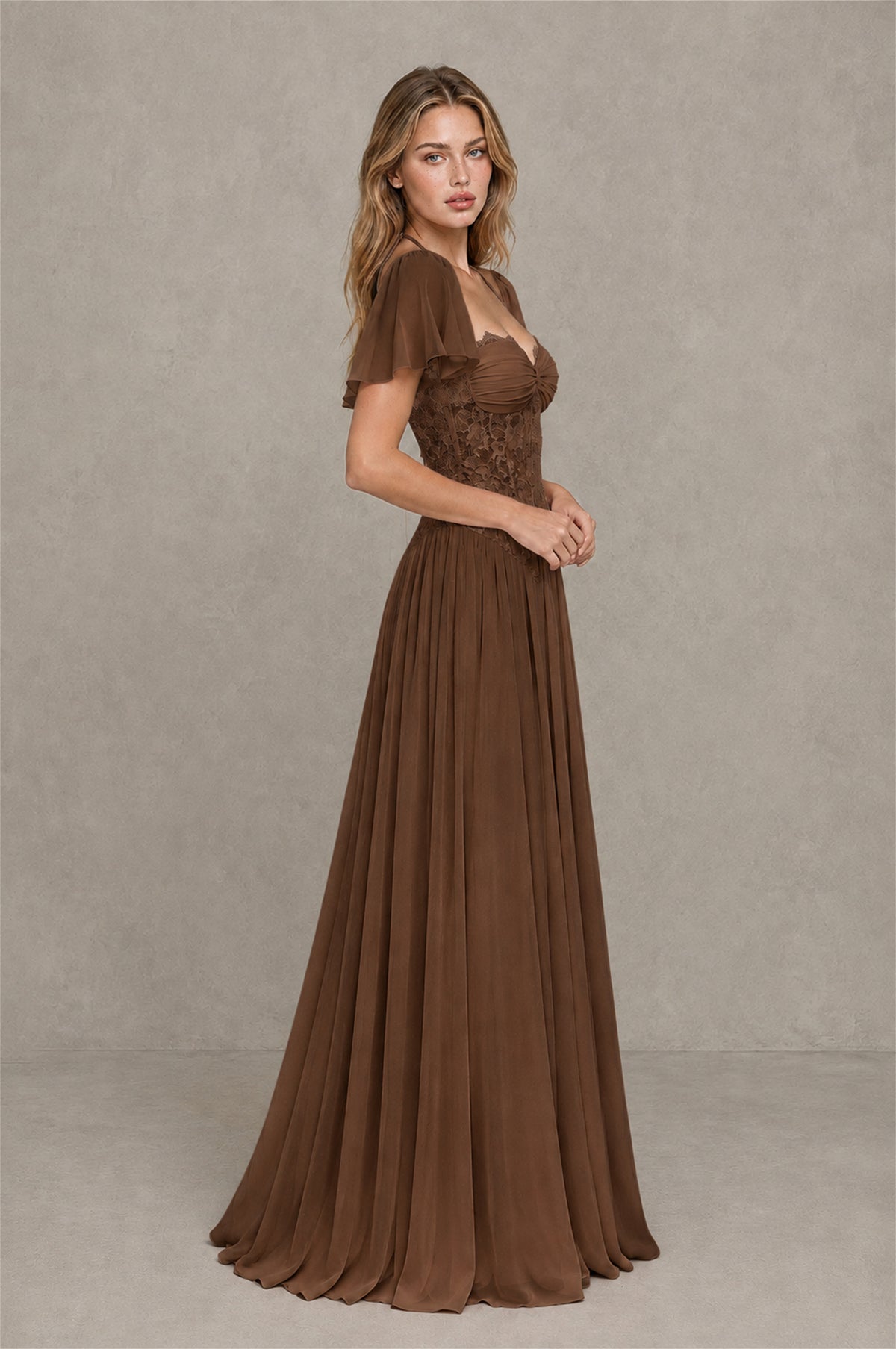 BOLODOO Brown Flutter Sleeve Lace Corset A-Line Maxi Dress - Brown - Brown (4)