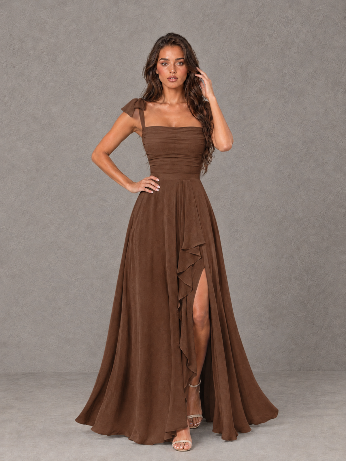 BOLODOO Brown Bow-Strap Bridesmaid Dress with Ruffle Slit - Brown - Brown (4)