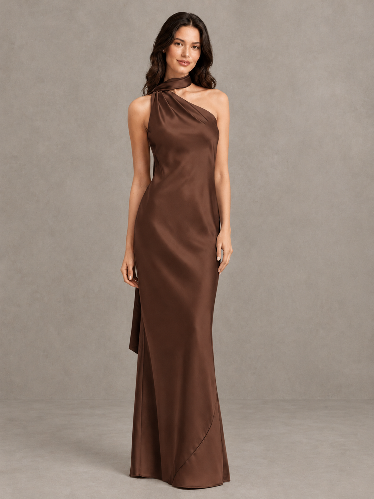 BOLODOO Brown Satin One-Shoulder Bridesmaid Dress with Open Back - Brown - Brown (4)