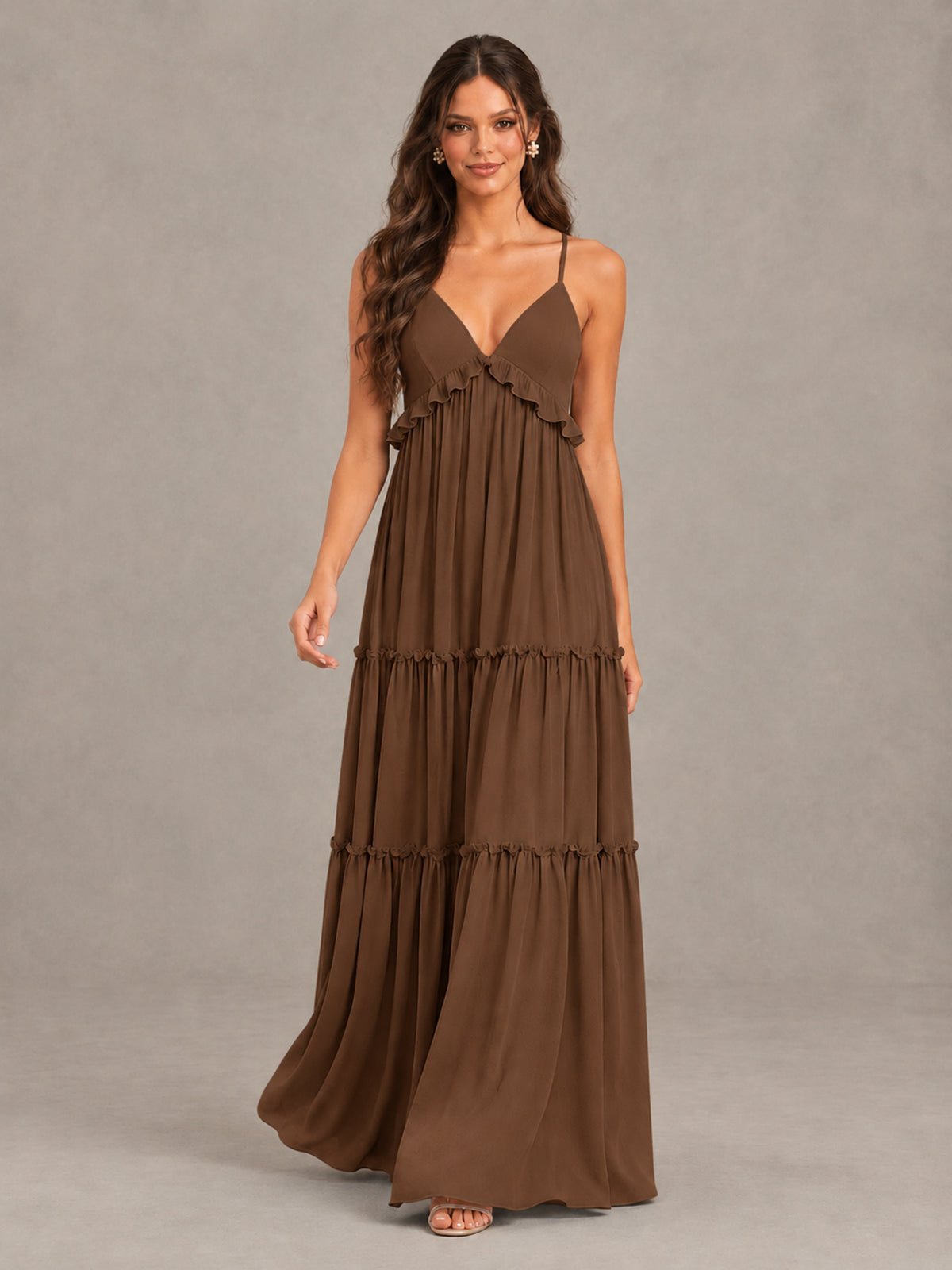 BOLODOO Brown Tiered V-Neck Lace-Up Back Bridesmaid Dress - Brown - Brown (4)