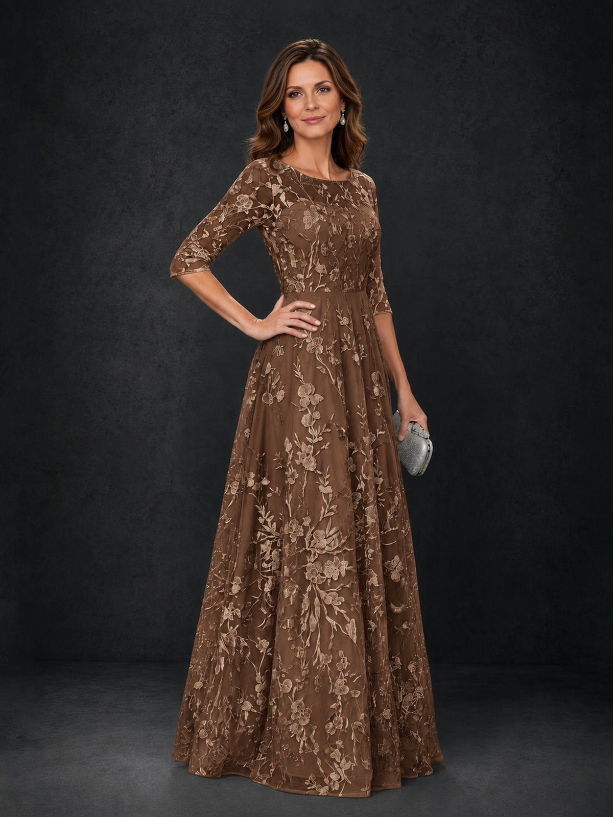 BOLODOO Wisteria Brown Illusion Bateau Neck 3/4 Sleeve Floral Lace A-Line Mother of the Bride Dress MX007 - Brown