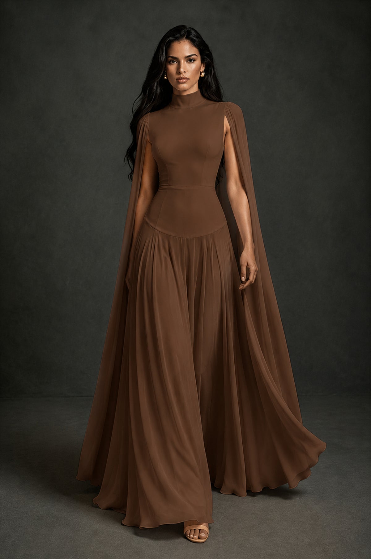 BOLODOO Brown Mock Neck Cape Sleeve A-Line Chiffon Maxi Dress - Brown - Brown (4)