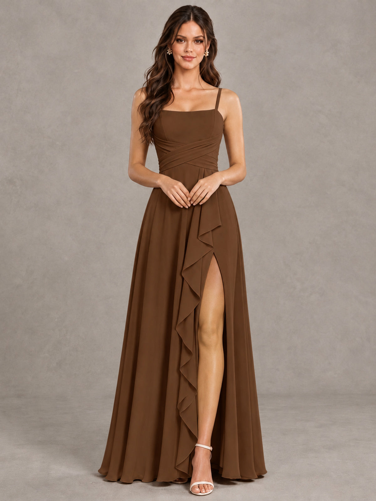 BOLODOO Brown Spaghetti Strap Ruffle Bridesmaid Dress with Slit - Brown - Brown (4)