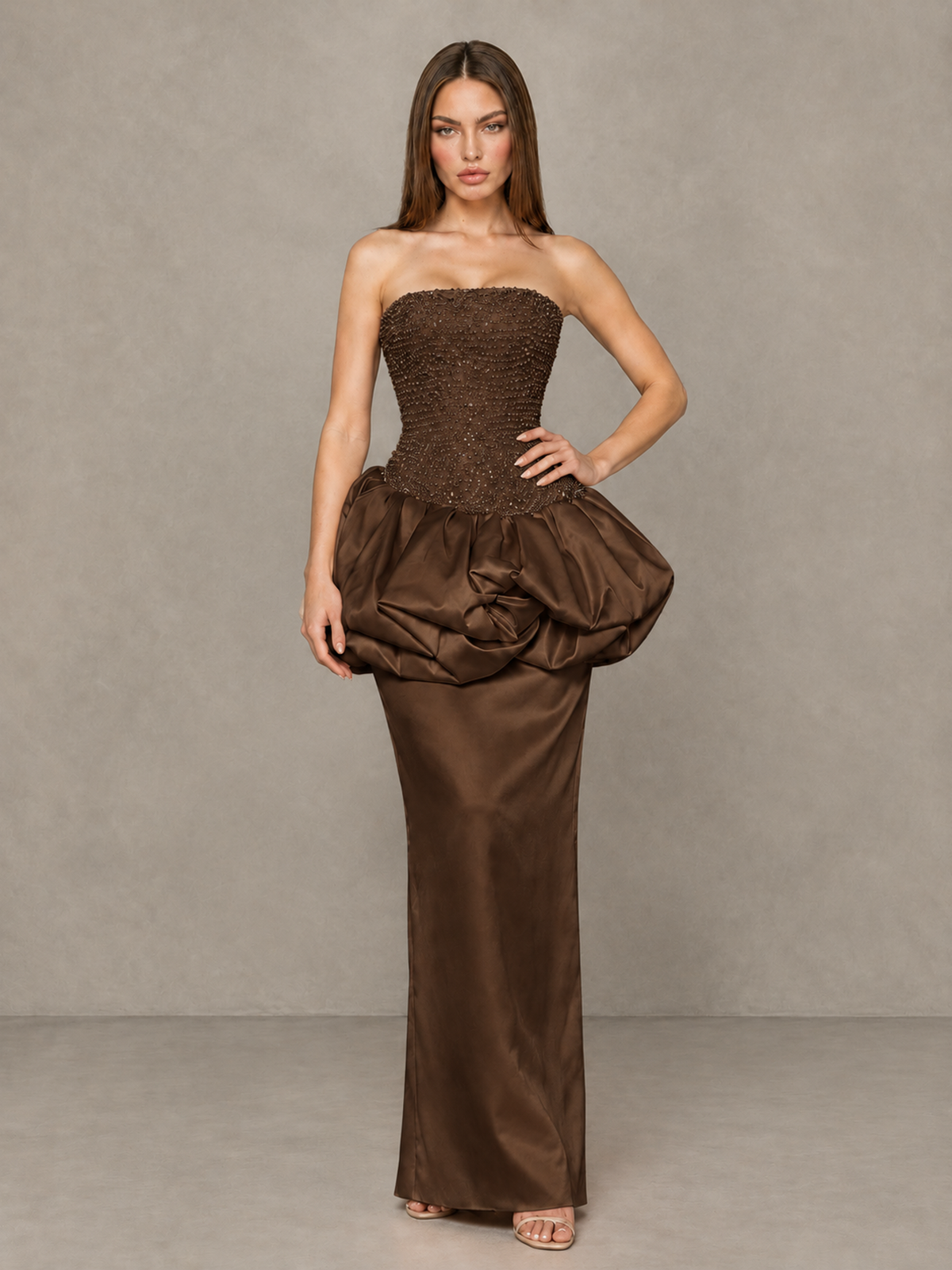 BOLODOO Brown Strapless Embellished Bubble Peplum Evening Dress - Brown - Brown (4)