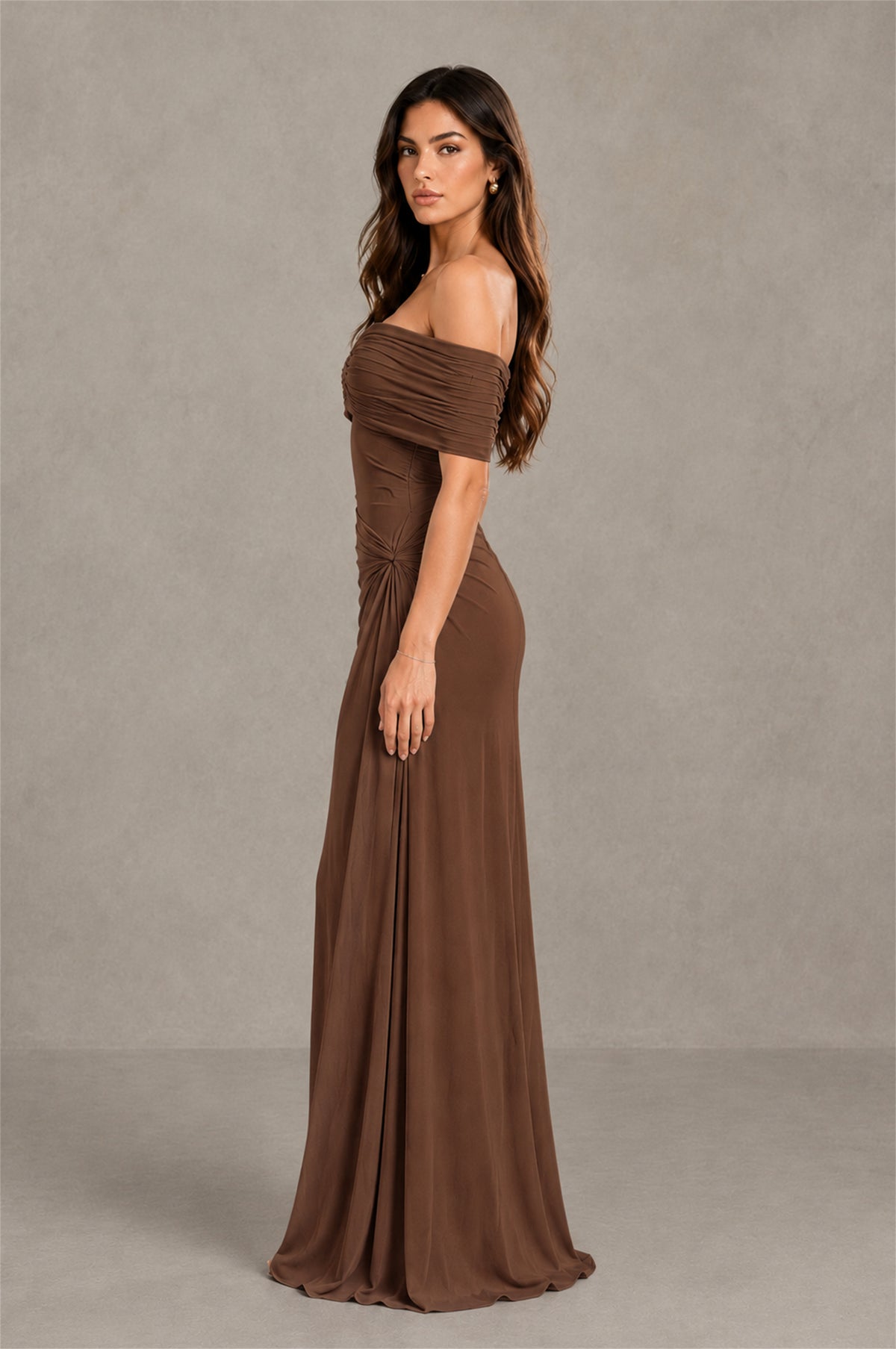 BOLODOO Brown Off-Shoulder Ruched Maxi Dress - Brown