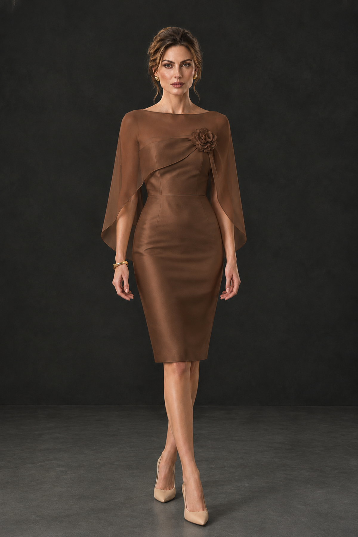 BOLODOO Brown Cape Knee-Length Mother of the Bride Dress - Brown - Brown (4)