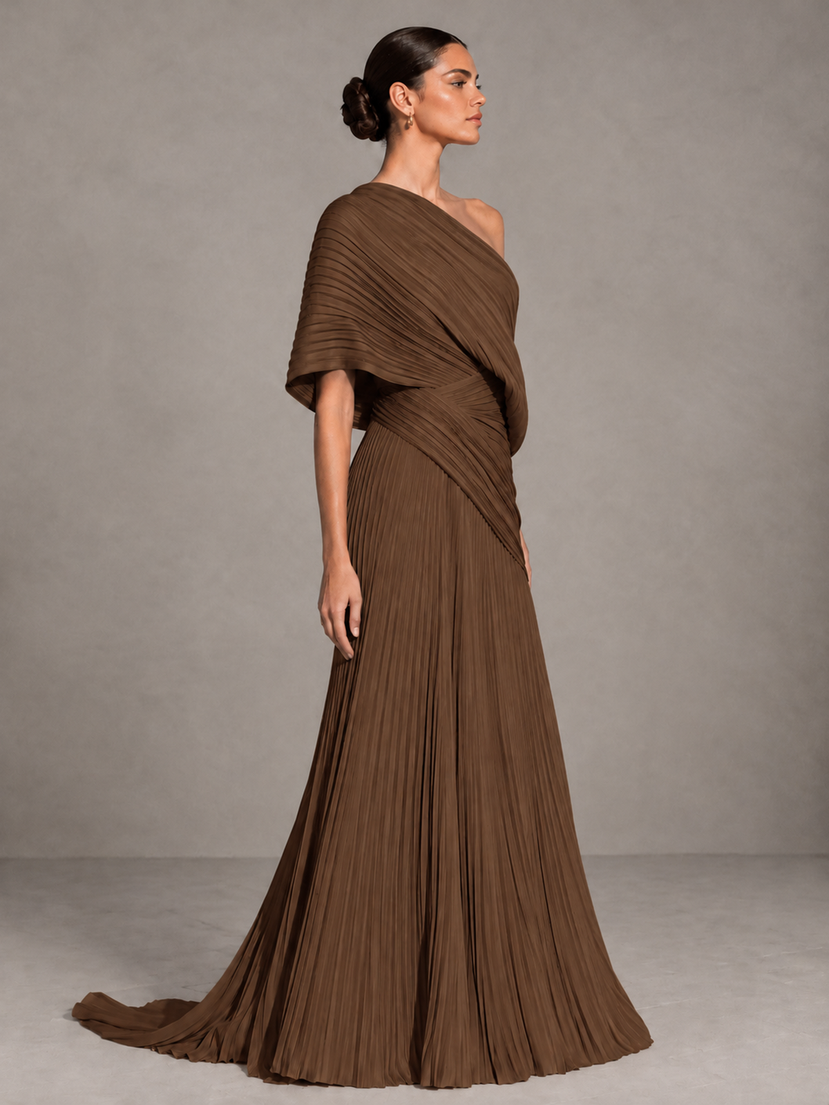 BOLODOO Brown One-Shoulder Pleated Cape Evening Gown with Train - Brown - Brown (4)