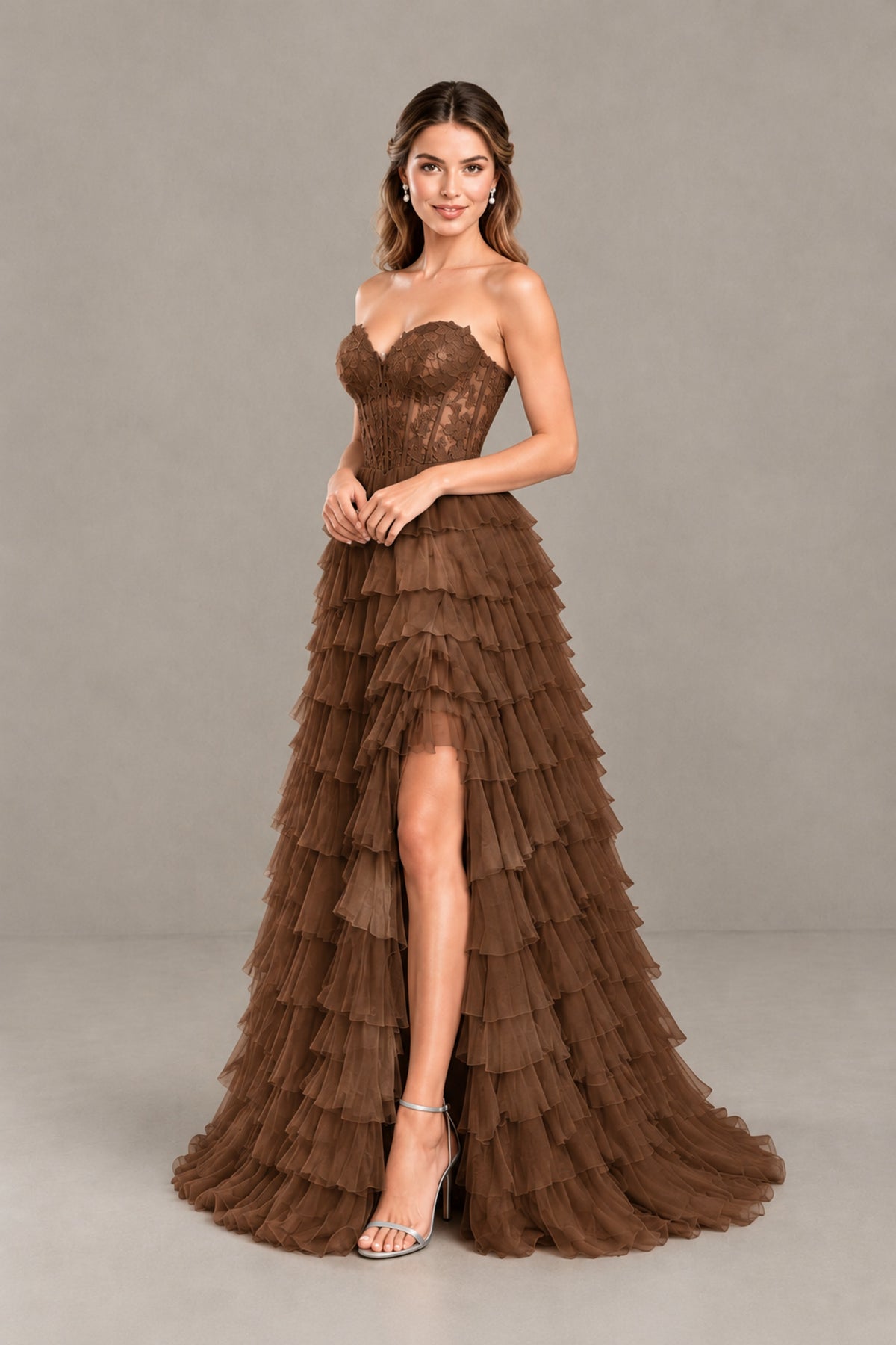 BOLODOO Brown Strapless Lace Corset Tiered Ruffle Prom Dress with Slit - Brown - Brown (4)