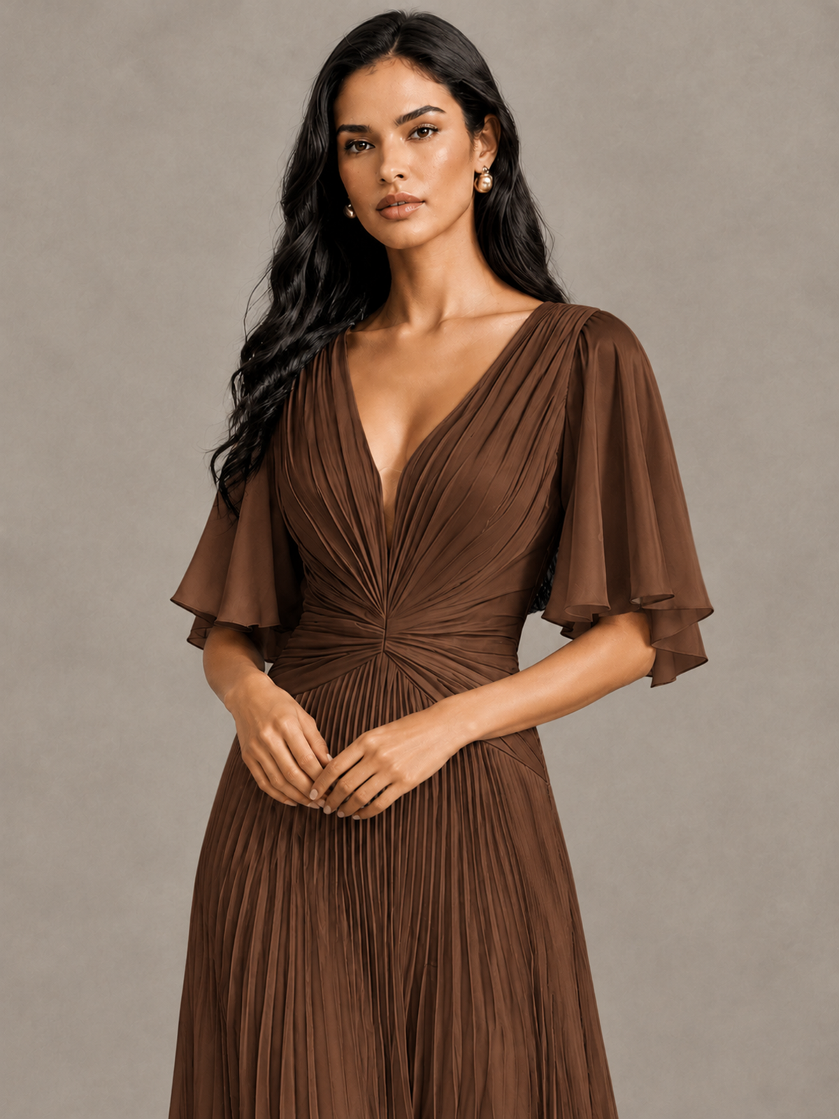 BOLODOO Brown Pleated V-Neck Flutter Sleeve Bridesmaid Dress - Brown - Brown (4)